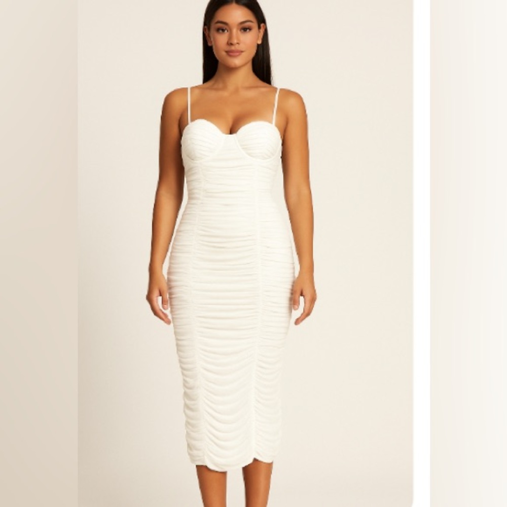 Club L London White Dress UK 10/US 6 Spaghetti Strap Ruched Short  BodyCon Party